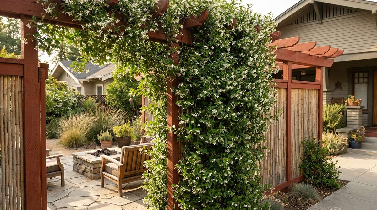 A lush climbing jasmine plant with small white blooms, trained to climb bamboo fencing or a wooden pergola painted in ochre or burnt sienna, creating fragrant greenery that softens hardscape and adds a jungle-like quality to bohemian gardens.