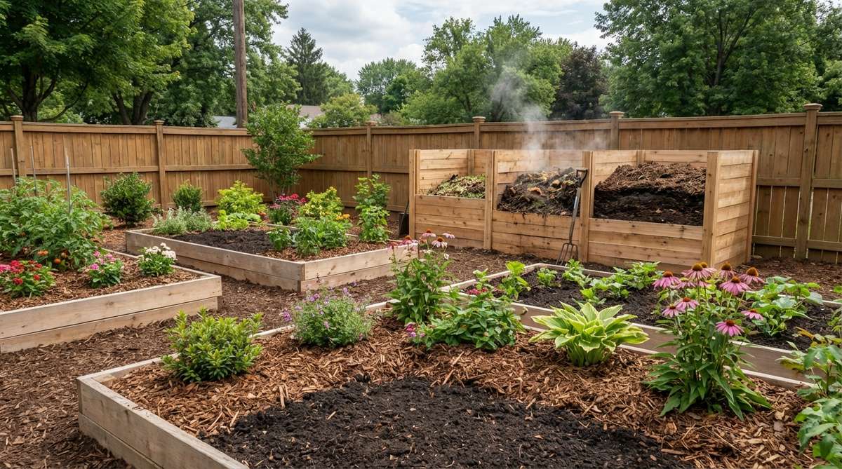 An image showing composting and mulch beds in a front yard garden design, featuring organic mulch layers that suppress weeds, retain moisture, moderate soil temperature, and feed soil life. The scene includes shredded hardwood or pine bark mulch applied at 2-3 inches, pulled back from plant stems to prevent rot, and compost incorporated into planting beds to build soil organic matter and support plant vigor naturally.