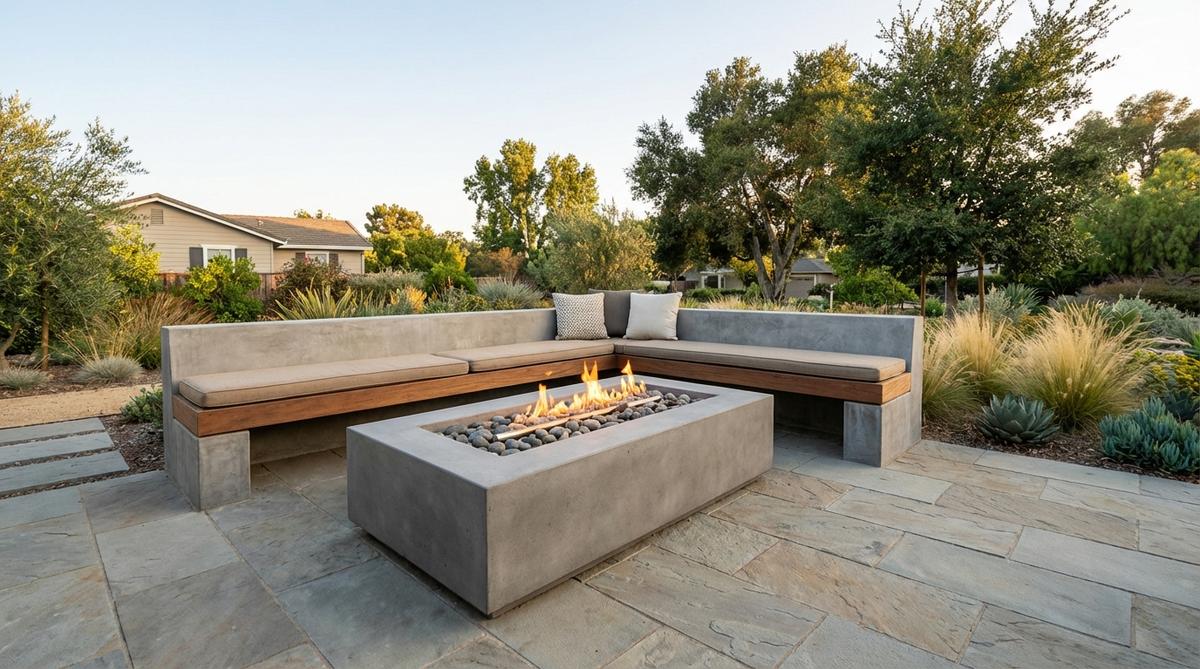 A square concrete fire pit anchoring an outdoor gathering space with clean geometric lines that complement modern garden design. The fire pit provides functional warmth while maintaining a minimalist aesthetic, lined with fire-resistant materials and featuring proper ventilation for safe operation.