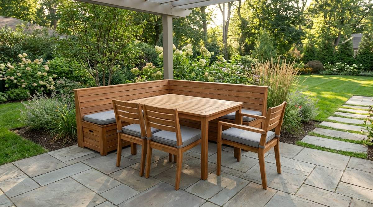 A compact corner dining set featuring right-angle bench seating with storage and freestanding chairs, designed for 4-6 people in small garden spaces. This space-efficient patio furniture anchors one corner while leaving three sides open for circulation and other outdoor activities.