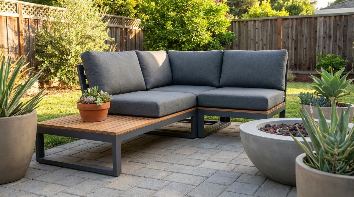 A modern three-piece corner sectional garden furniture set designed for small patios, featuring modular pieces that can be rearranged into different configurations, built-in side table, lightweight aluminum construction, and proportions suitable for patios 8x10 feet or larger.