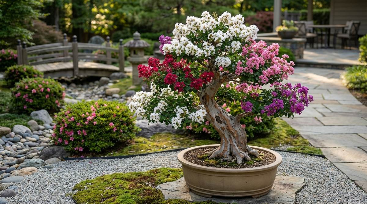 A detailed image of a Crape Myrtle (Lagerstroemia indica) bonsai, showcasing its distinctive exfoliating bark that reveals smooth, multicolored trunk surfaces in shades of gray and cinnamon. The tree is in full summer bloom, displaying vibrant flowers in white, pink, red, or purple, adding extended color to a Japanese garden setting. The vigorous growth is evident, with well-pruned branches and a thickened trunk, reflecting proper care and fertilization.