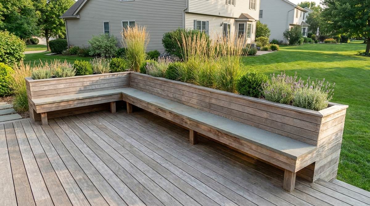 A built-in planter and bench combination wrapping the edge of a deck, softening hard lines and integrating greenery with seating. The design features continuous planters that serve as backrests, filled with grasses, shrubs, or perennials for year-round appeal, creating a seamless transition between house and garden.