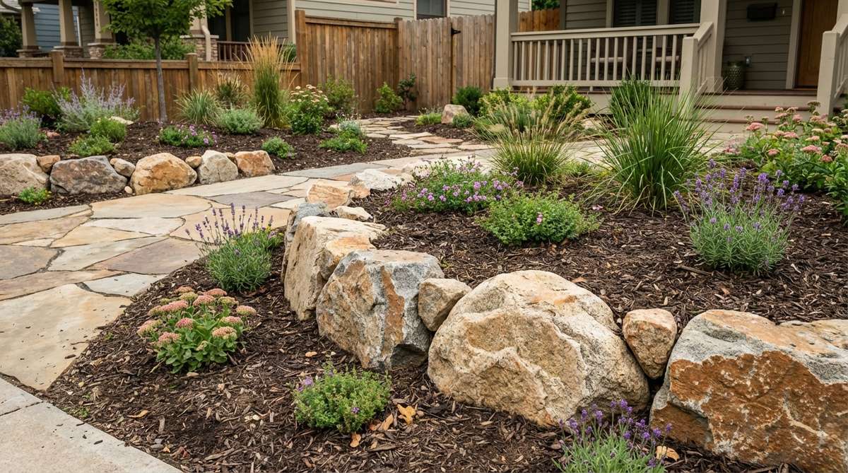 A close-up photo showing decorative boulder edging lining a pathway or garden bed in a small front garden. The medium-sized natural boulders create organic boundaries, with regionally appropriate stone types that blend authentically into the landscape. This stone edging adds natural texture, prevents soil erosion, and serves as a permanent, low-maintenance installation.