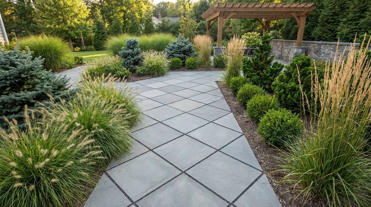 A modern stone garden path featuring square stones laid on a 45-degree diagonal, creating dynamic diamond-shaped patterns that enhance visual movement and contemporary sophistication. This layout, ideal for formal gardens, uses precise cutting and contrasting grout to emphasize geometric designs, complementing architectural plantings like ornamental grasses and specimen evergreens.