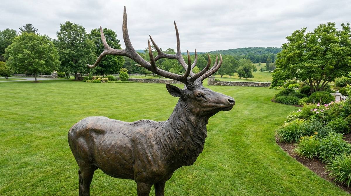 A bronze elk sculpture with a full rack of antlers, designed for garden decor. This majestic piece captures the muscular body structure and grand antler spread of a Rocky Mountain elk, ideal for placement on expansive lawns or open areas where it can be viewed against the sky or landscape.