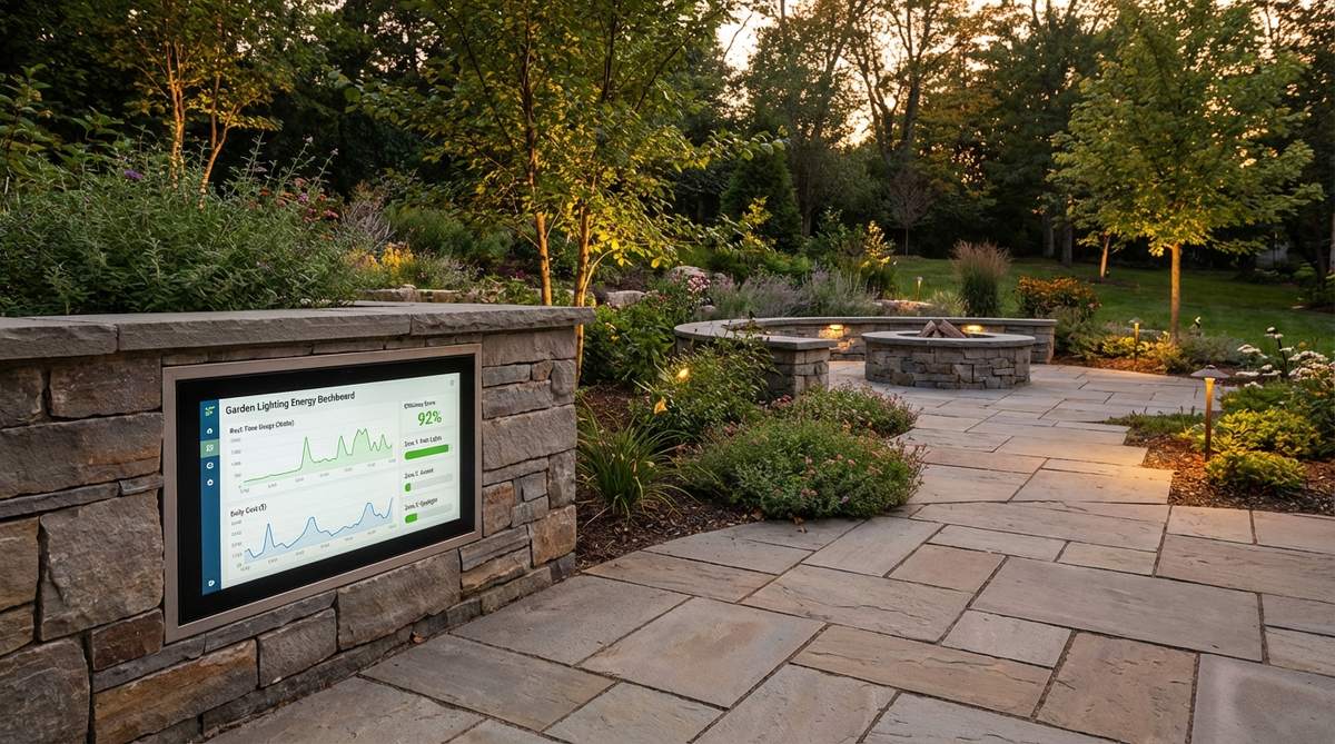 A modern dashboard interface displaying real-time energy consumption data for garden lighting fixtures, with graphs showing usage patterns, cost calculations, and efficiency metrics for different lighting zones.