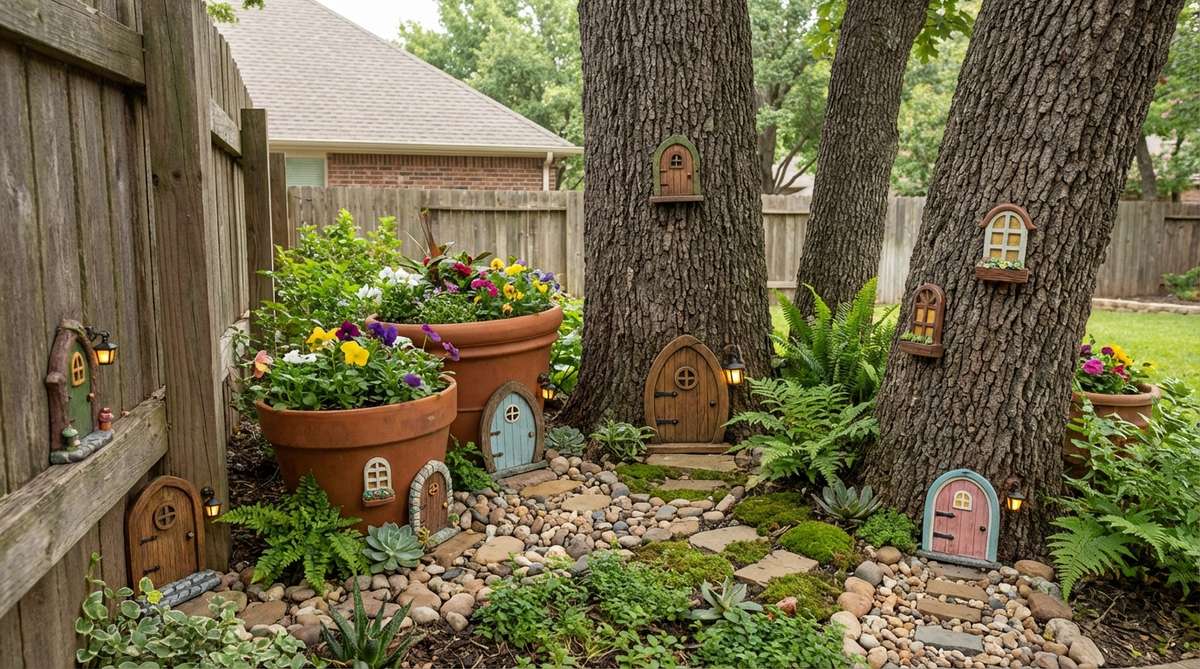 Decorative fairy doors and windows mounted on container edges, fence posts, or trees in a mini garden, creating whimsical hidden dwellings that spark imagination and delight children with colorful, weatherproof designs.