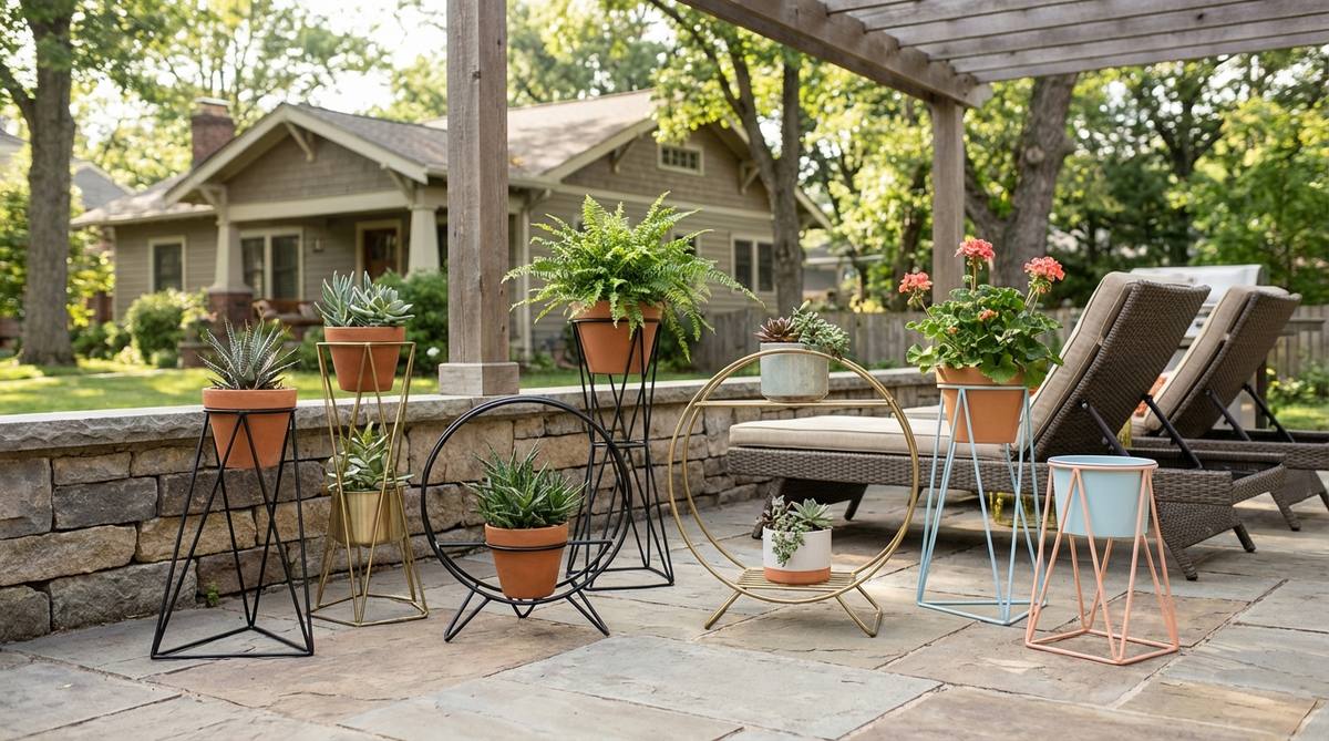 Angular wire plant stands in triangular, circular, or starburst configurations with mid-century modern flair, ideal for showcasing potted plants on patios and porches. Features minimal frames in finishes like matte black, brass, or powder-coated pastels for an authentic vintage look.