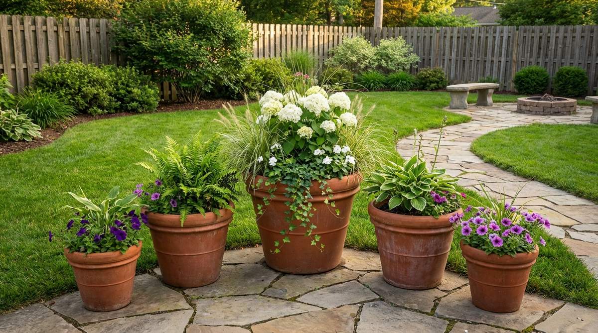 A set of three to five graduated planters in progressively larger sizes, arranged with the largest planter at the focal point and smaller sizes radiating outward to create visual rhythm and guide movement through outdoor spaces.