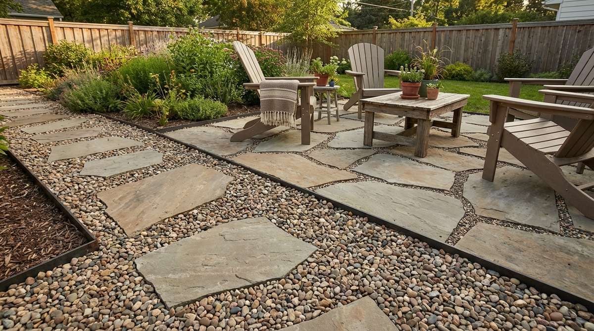 A small garden patio featuring large pavers set within a gravel field, creating defined stepping surfaces with cost-effective gravel filling most of the area. The gravel layer sits slightly below the paver surfaces to prevent migration, with edge restraints containing both materials within the patio boundaries.