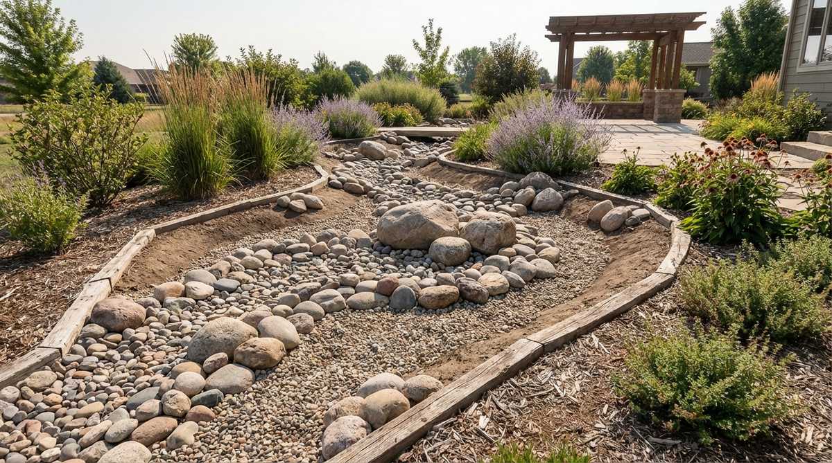 A gravel stream bed simulation in a garden, showing river rocks arranged in flowing patterns to mimic dried stream courses. Larger stones are placed at the center, transitioning to smaller gravel at the edges, with shallow swales excavated to contain the arrangement and suggest directional water flow. This feature serves as both a decorative element during dry periods and a functional drainage system during heavy rain.