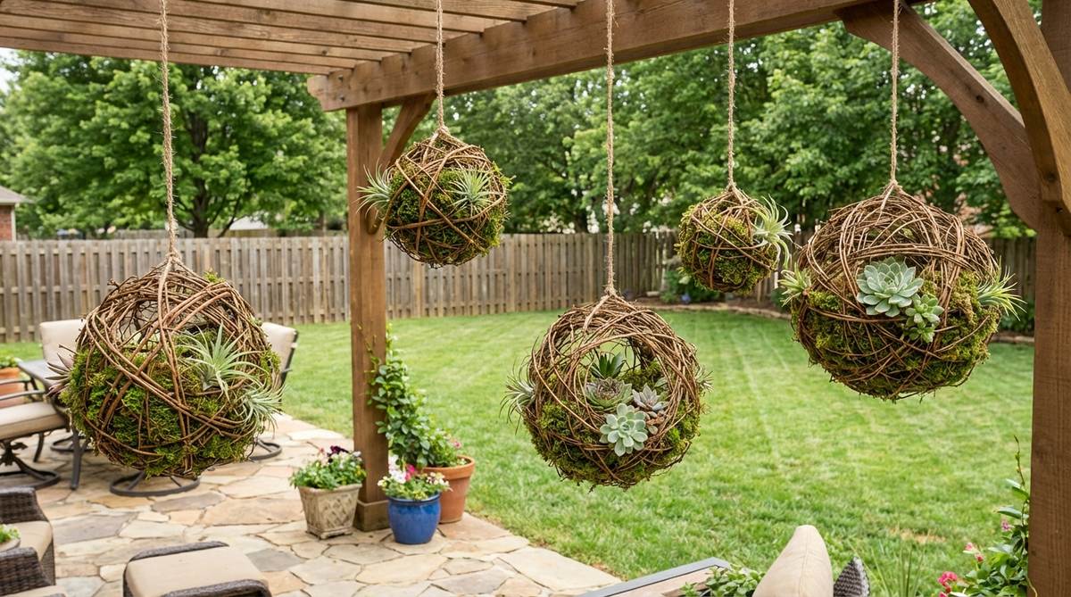 A suspended grapevine sphere garden for fairy gardens, lined with moss and featuring air plants or succulents, hung at varying heights to create vertical interest and maximize space in urban settings.