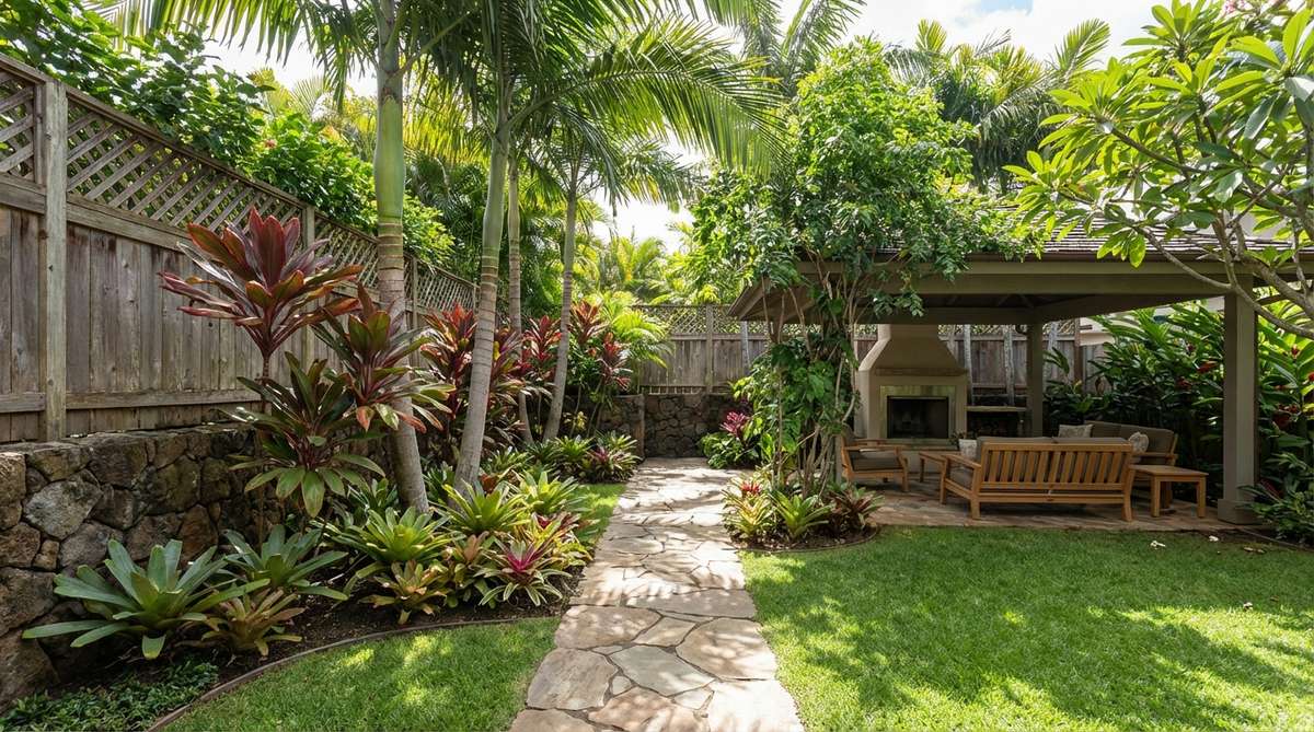 A lush tropical garden enclosure featuring layered perimeter planting with tall palms, mid-level cordylines, and low bromeliads arranged along property lines to create privacy and visual depth.