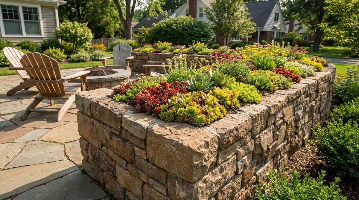A low garden wall topped with a living roof of succulents and alpine plants, designed to support pollinators and add visual interest with seasonal color changes.