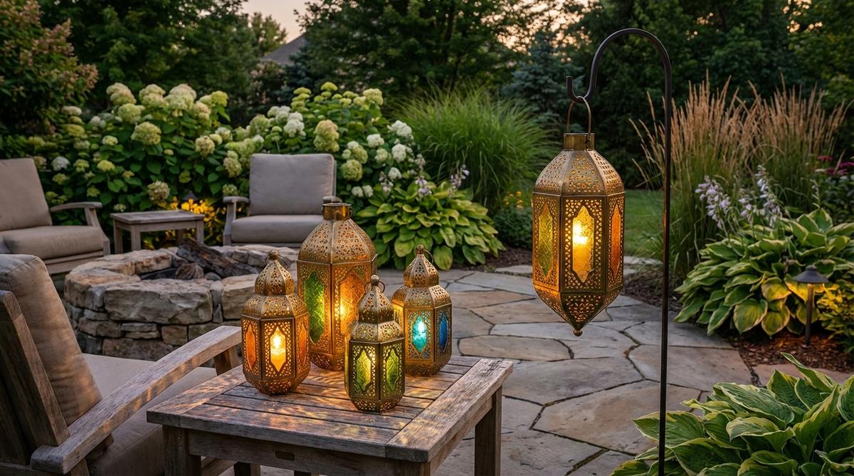 A pierced metal lantern with traditional geometric patterns, made of hand-punched tin or brass with colored glass inserts. Creates pools of patterned light when lit, perfect for clustering in odd-numbered groups on tables or hanging from shepherd hooks in boho garden settings.