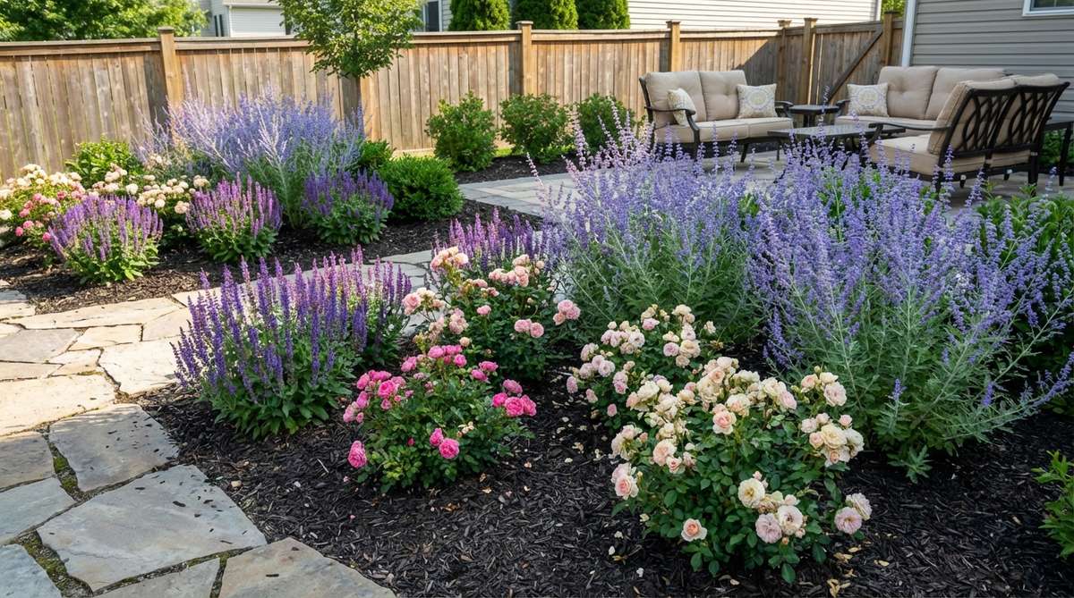 A garden design photo showing a mid-height perennial band with plants 18-36 inches tall, including salvias, Russian sage, and compact roses arranged in groups of odd numbers. This middle visual layer provides color and seasonal interest in a small backyard setting, with proper spacing to prevent overcrowding.