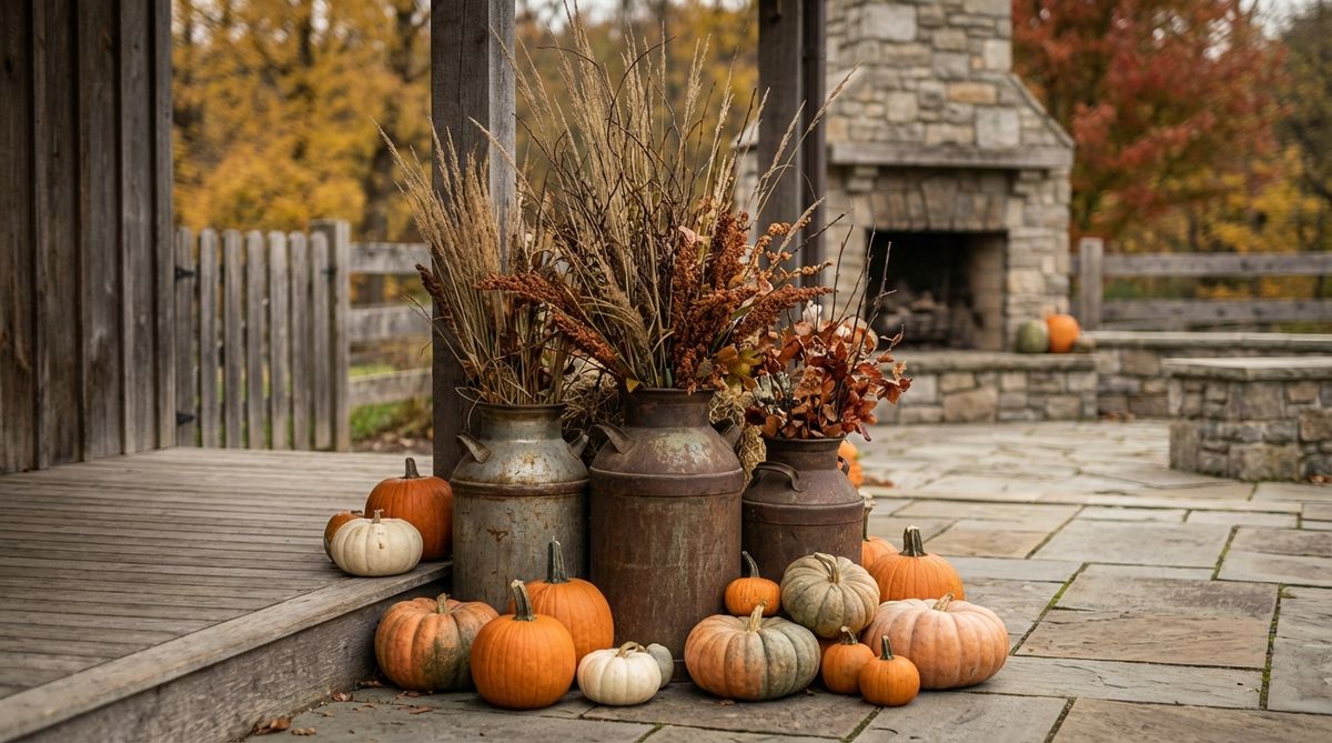 A grouping of vintage metal milk cans arranged in odd numbers, filled with tall branches and dried foliage, surrounded by pumpkin clusters in autumn hues, creating visual rhythm on a porch or patio for farmhouse-style fall decor.