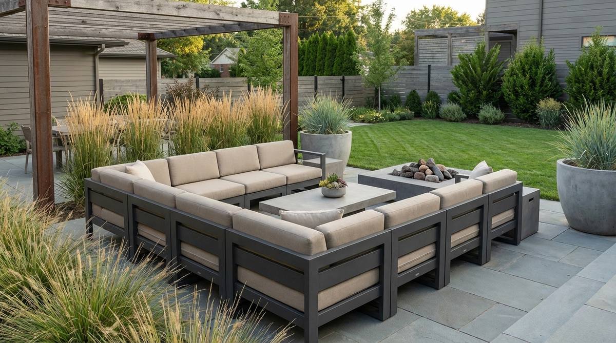 A sectional outdoor sofa made of weather-resistant wicker or aluminum with neutral upholstery, featuring quick-dry foam cushions that shed water to prevent mildew, arranged in a flexible seating setup within a modern garden setting.