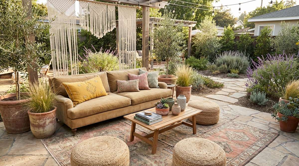 A boho decor style image showcasing the contrast between muted dusty tones like rose and sage green with fully saturated colors on accent pieces, such as a mustard pillow against a dusty gold sofa, to create visual rhythm and dimension in a layered space.