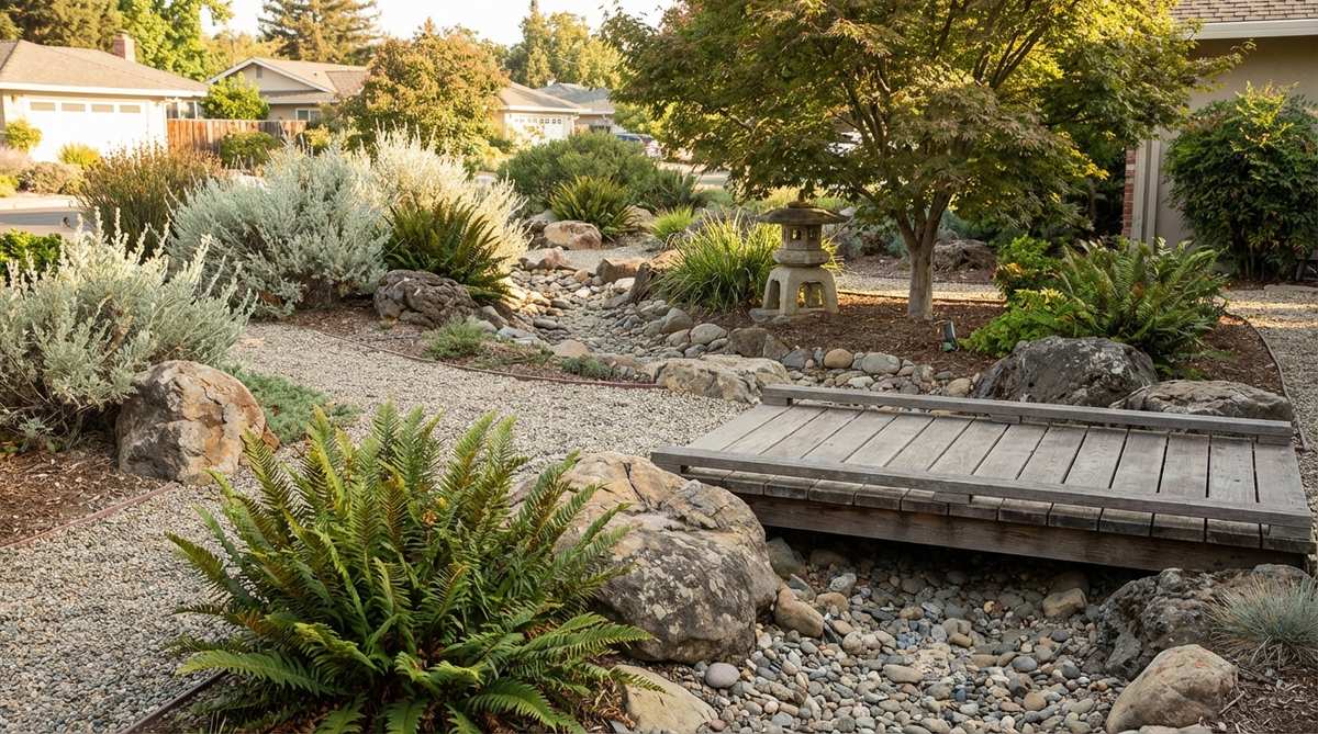 A modern Japanese garden showcasing regionally native plant substitutions, such as Western sword fern and California sagebrush, that mimic traditional Japanese aesthetics while reducing water requirements and supporting local ecosystems.