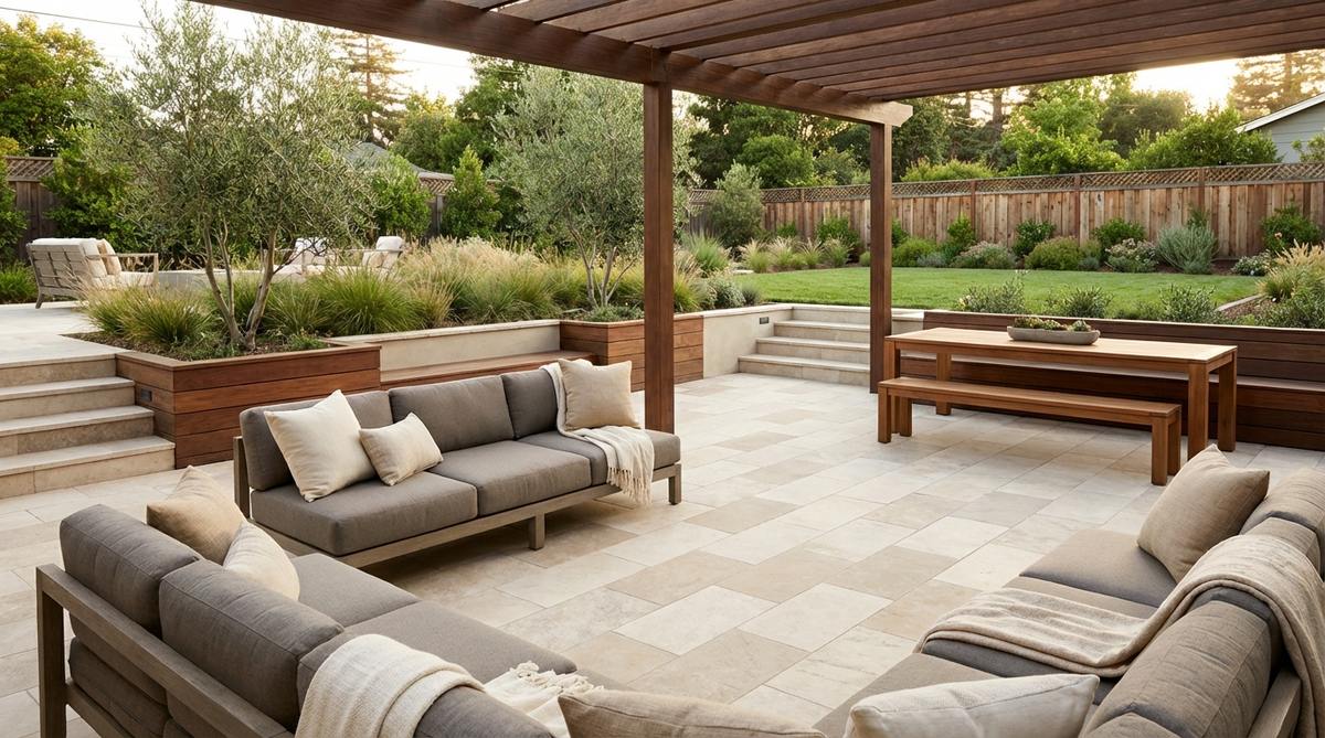 A modern boho interior featuring a neutral base of cream, beige, and warm gray walls and furniture, layered with warm wood tones in shelving and accessories to create a balanced, sophisticated look.