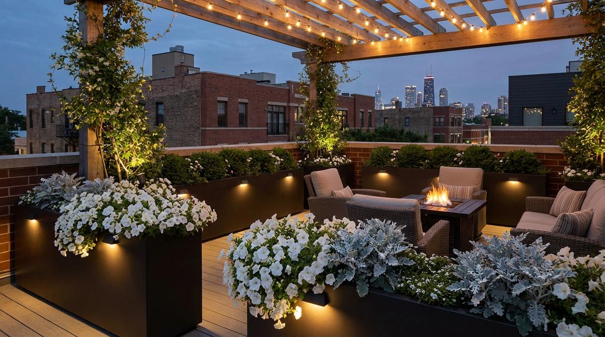 A beautifully illuminated urban balcony garden at night, featuring white petunias and silver dusty miller glowing under strategic LED uplighting. This evening garden design creates an enchanting retreat for urban professionals to enjoy after sunset.