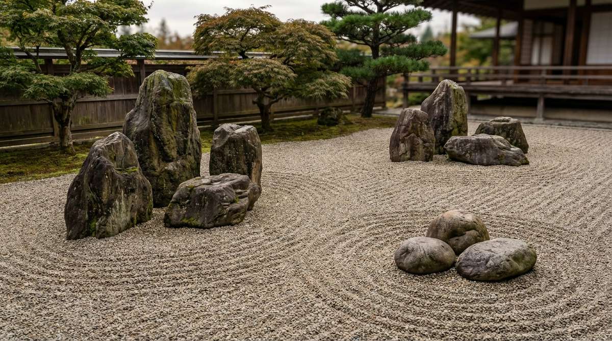 A Japanese Zen garden stone arrangement demonstrating the odd number principle, with groups of three and five stones placed asymmetrically to create dynamic visual movement and avoid static symmetrical pairings.