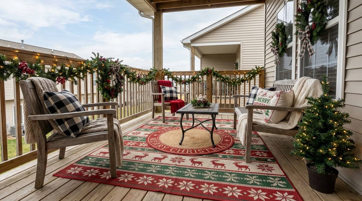A festive outdoor rug in red, green, or winter motifs, anchoring a balcony seating area for Christmas decor. It adds pattern, color, and visual warmth at ground level, sized appropriately to extend beyond furniture edges. Made from durable polypropylene to resist water and mildew, ideal for layering with accent rugs for holiday-specific elements.