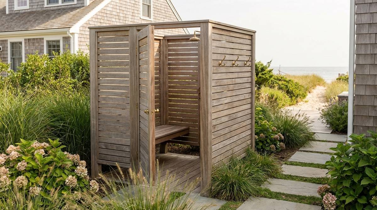 A freestanding outdoor shower enclosure with teak slat walls, built-in bench, and towel hooks, creating a spa-like amenity for coastal properties. The vertical structure serves as an architectural focal point while providing a practical rinse station after beach or pool activities.