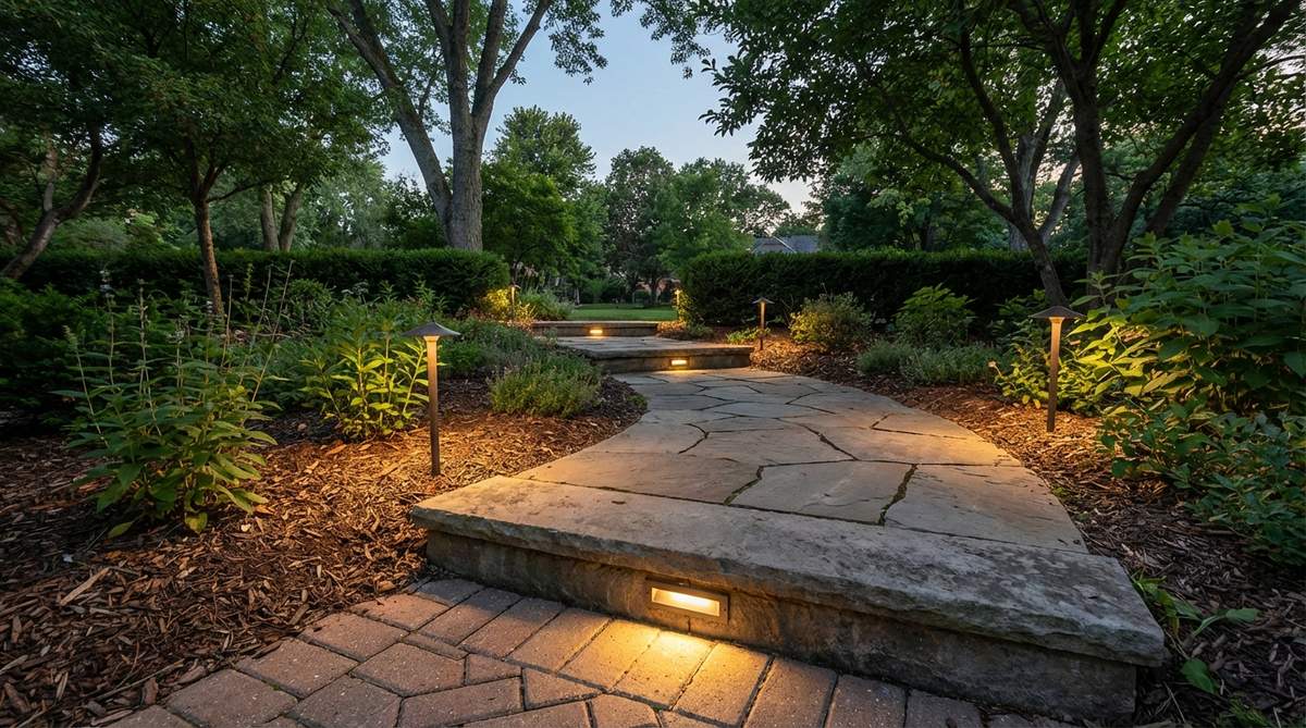 A close-up view of low-voltage pathway step lights installed along garden path edges and within step risers, providing subtle guidance and enhanced safety without overpowering the garden ambiance. The recessed lights are designed with downward-facing shields to prevent light pollution and eliminate tripping hazards.