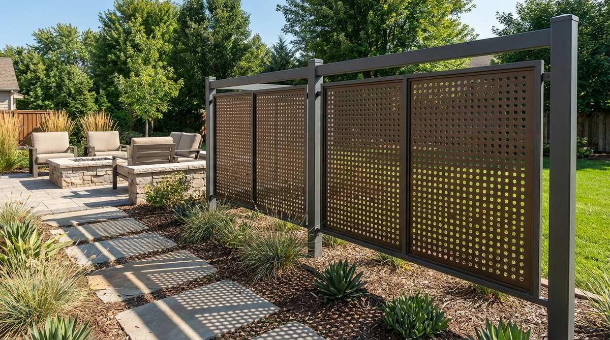 A modern garden fence featuring a perforated metal privacy screen with systematic hole patterns that balance transparency and screening. The metal sheet shows varying hole sizes and spacing that control privacy levels while maintaining airflow. Sunlight filters through creating shadow play effects. The screen has a durable powder-coated finish in a neutral color, mounted securely to fence posts within a clean frame structure.