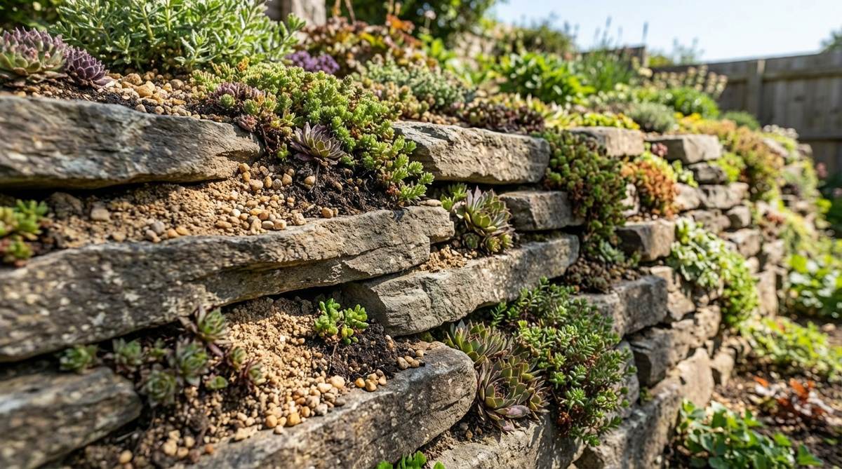 Close-up of dry-stack stone wall with planting pockets filled with alpine plants and succulents, showing the lean soil mix of sand, gravel, and compost for excellent drainage in a vertical garden setting.