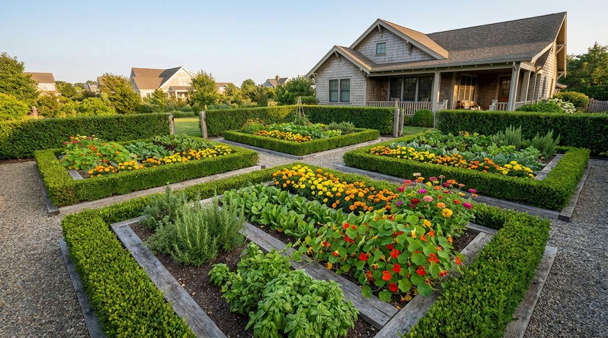 French-style potager garden with decorative square beds combining vegetables, herbs, and flowers in symmetrical patterns, edged with low hedging or timber frames, featuring marigolds, nasturtiums, and zinnias to attract pollinators in a small garden space.