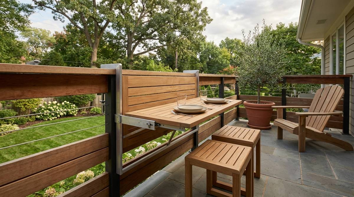A specialized folding table clamped to a balcony railing, creating a cantilevered dining surface that extends over the rail without consuming floor space. The table folds down vertically against the rail when not in use, paired with stackable stools that nest neatly. This space-saving solution leaves the entire balcony floor clear for other furniture, featuring a secure locking mechanism for safety during use. Ideal for balconies with solid rails rated for lateral loads.