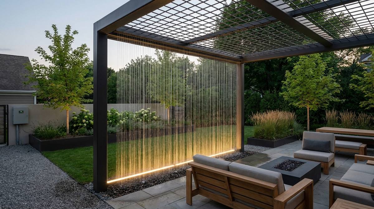 A modern garden rain curtain installation featuring water descending from an overhead grid, creating a transparent vertical screen that defines space without solid barriers. The curtain effect provides privacy and cooling while maintaining visual connectivity across garden zones. Programmable controls allow for varying flow rates and changing effects throughout the day, with backlighting transforming the rain curtain into a luminous feature after dark.