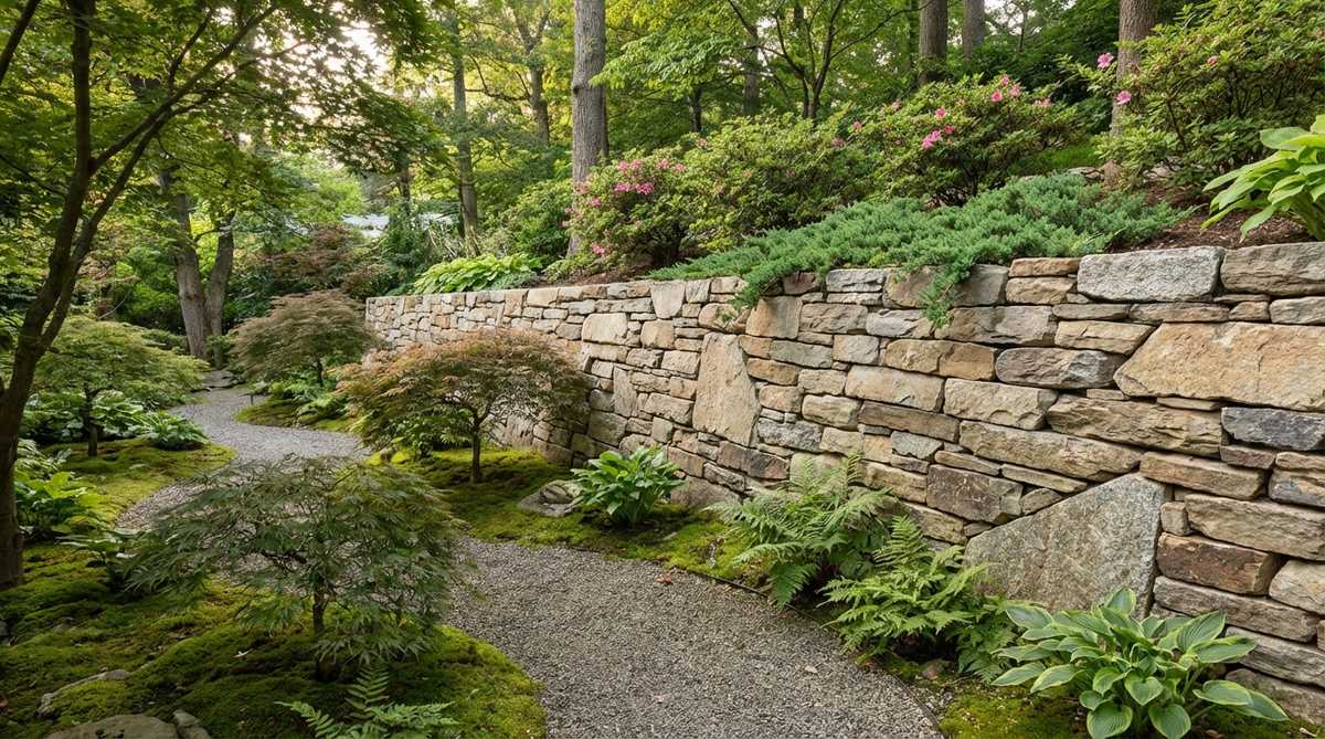 A dry-stacked stone retaining wall for an elevated planting bed, featuring carefully interlocked flat stones of varying sizes, angled slightly backward for stability, with flat-faced stones visible on the front and irregular stones used for hidden structural support in a Japanese garden setting.