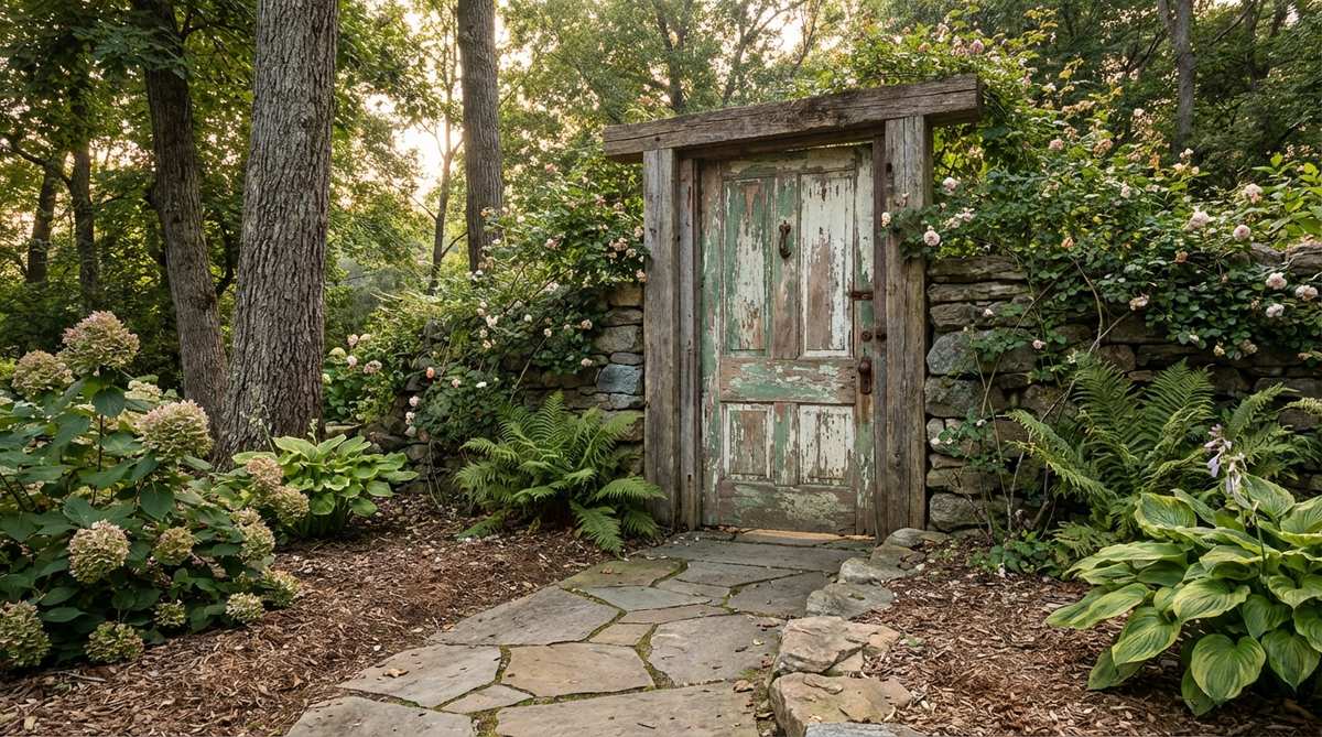 A rustic garden entrance featuring a vintage reclaimed door with peeling paint and antique hardware, mounted in a weathered timber frame to create a dramatic transition into hidden garden spaces.