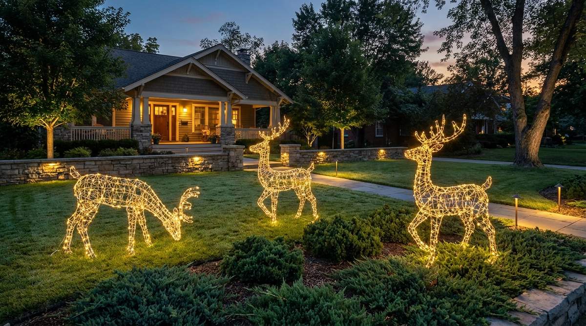 Wire-frame reindeer sculptures with LED lighting, ranging from 36 to 50 inches tall, positioned in motion sequences like grazing or walking to enhance garden aesthetics. They coordinate with other lighting installations for a unified color palette.