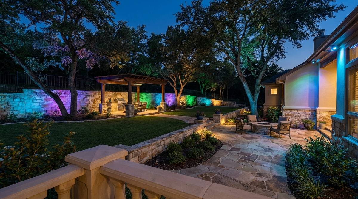 Multi-color LED flood lights projecting vibrant hues across garden walls, trees, and architectural features with wide-angle beams for dynamic color transitions.