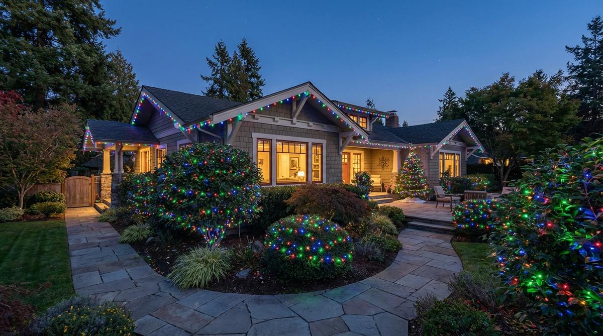 App-controlled RGB LED lighting system installed along rooflines and landscaping for customizable Christmas displays with color-changing effects, pattern programming, and music synchronization capabilities.