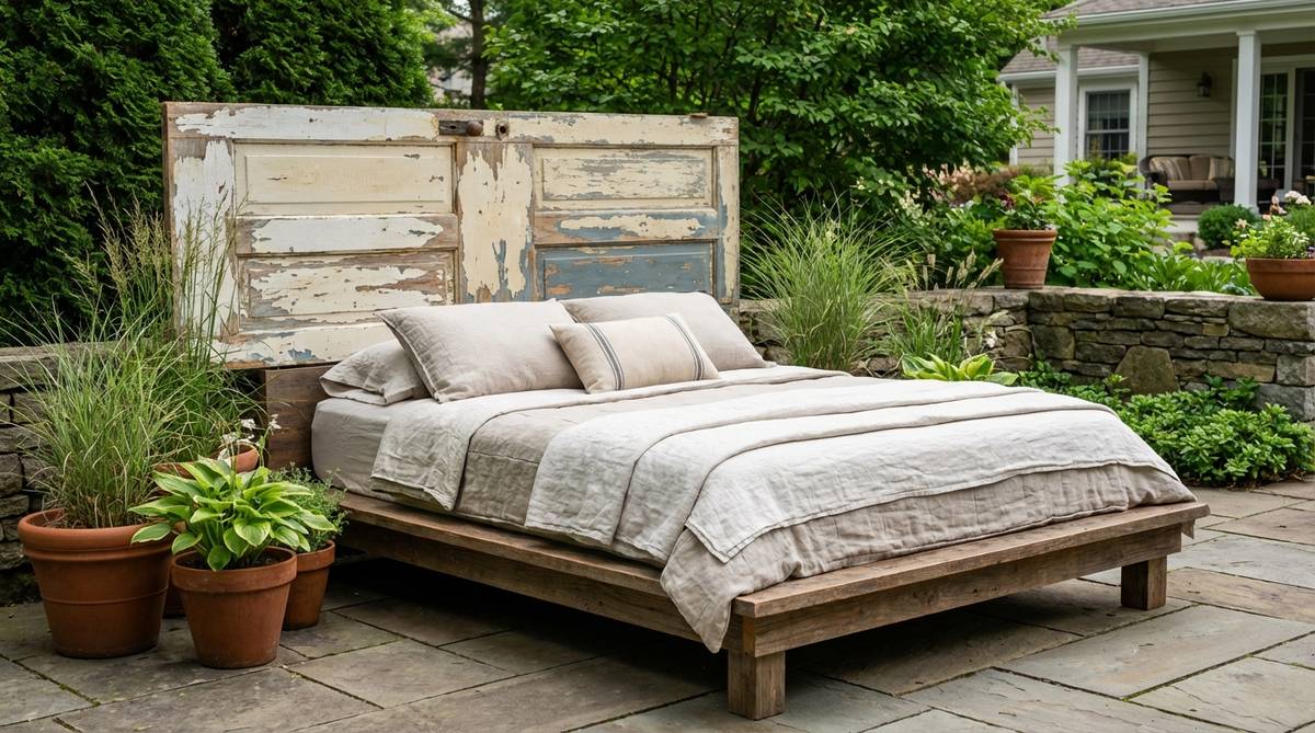A repurposed vintage door mounted as an architectural headboard behind a bed, showcasing paneled construction and layered paint for dimensional interest in an earthy boho decor bedroom.