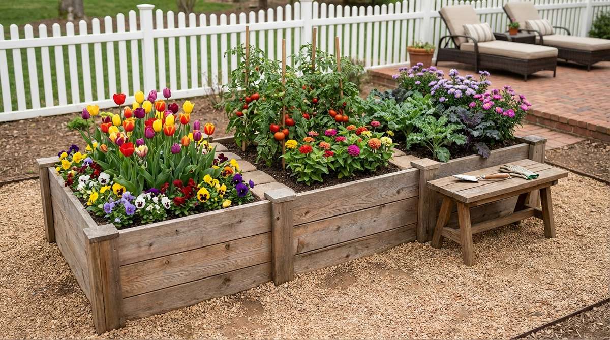 A small raised garden bed showcasing seasonal rotation with tulips and pansies in spring, tomatoes and zinnias in summer, and kale and asters in fall, demonstrating how a single bed can serve as a cutting garden, kitchen garden, and ornamental feature throughout the year.