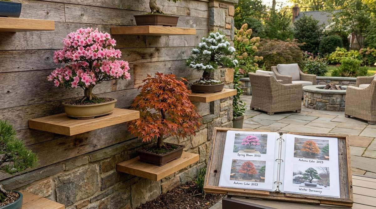 A wall of floating shelves displaying rotating seasonal bonsai arrangements, featuring flowering bonsai during bloom periods, deciduous species in autumn colors, and evergreens in winter. This setup allows for fresh displays that highlight each tree's peak presentation moments, with documentation photos tracking seasonal changes over years to appreciate subtle growth variations.