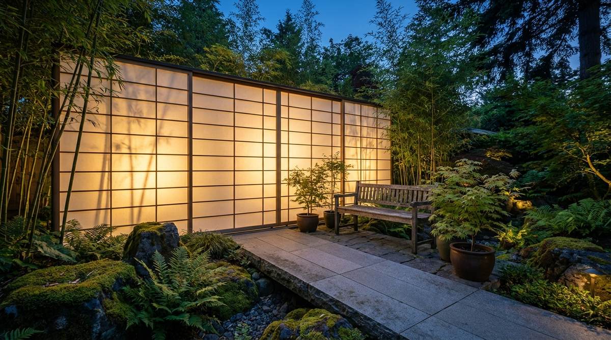 A translucent shoji screen garden wall filtering light into an evening Japanese garden, with glowing rectangular panels that balance natural vegetation and geometric illumination. The grid pattern contrasts with organic surroundings, creating living art when backlit. Features exterior-grade acrylic panels for weather resistance, diffusing light while surviving moisture exposure.