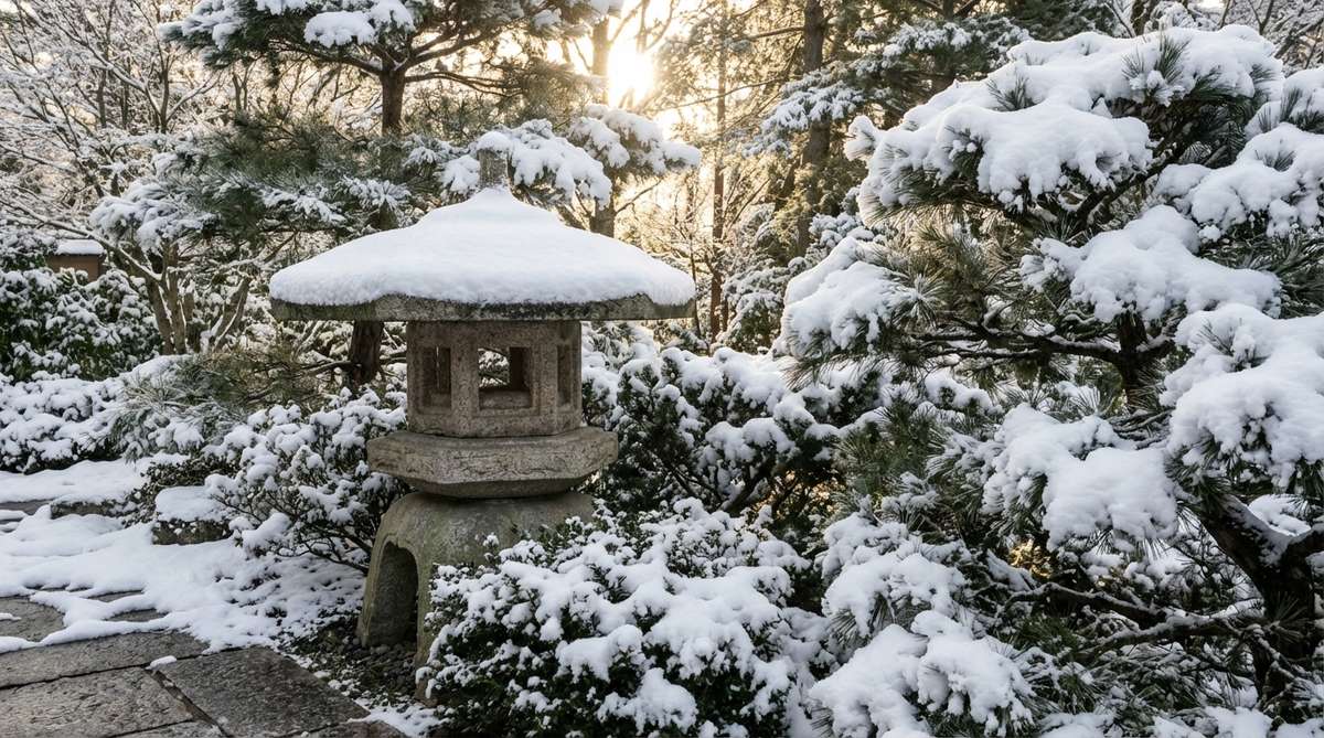 A stone lantern with a broad roof cap covered in snow, positioned near evergreens in a Japanese garden. The snow accumulation creates temporary garden art, transforming the granite lantern into a living sculpture with white caps. The scene captures the monochromatic winter composition where texture and form dominate, with morning sun backlighting the snow-topped stone for optimal viewing.