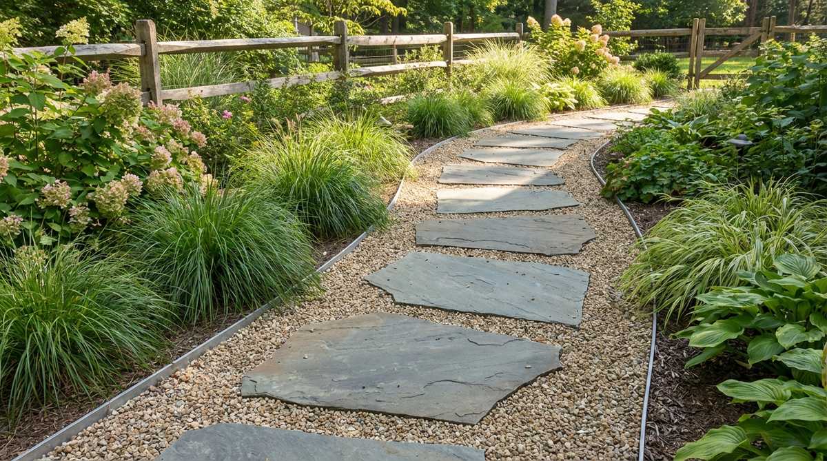 A garden stepping stone pathway made of irregular flagstones set in gravel, spaced 18-24 inches apart for comfortable walking. The stones are flush with the ground to prevent tripping and allow easy mowing, creating an informal circulation route through the garden.