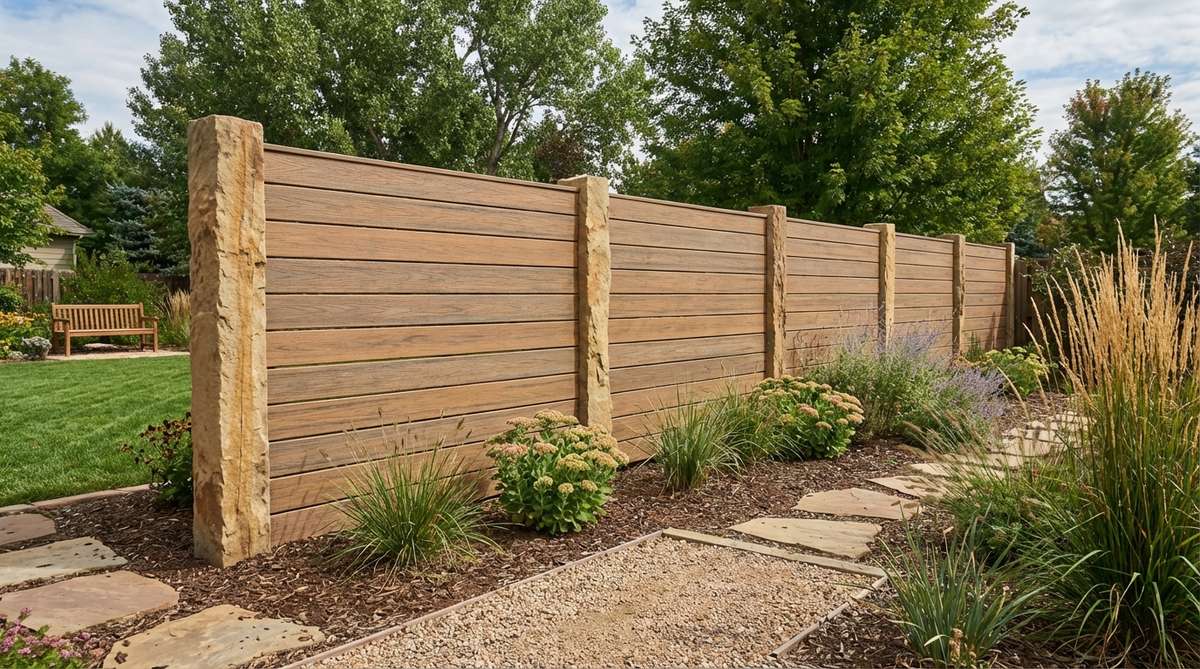 A low-maintenance garden wall featuring composite decking boards installed horizontally between stone posts, designed for durability and resistance to rot and insect damage without the need for painting or staining.