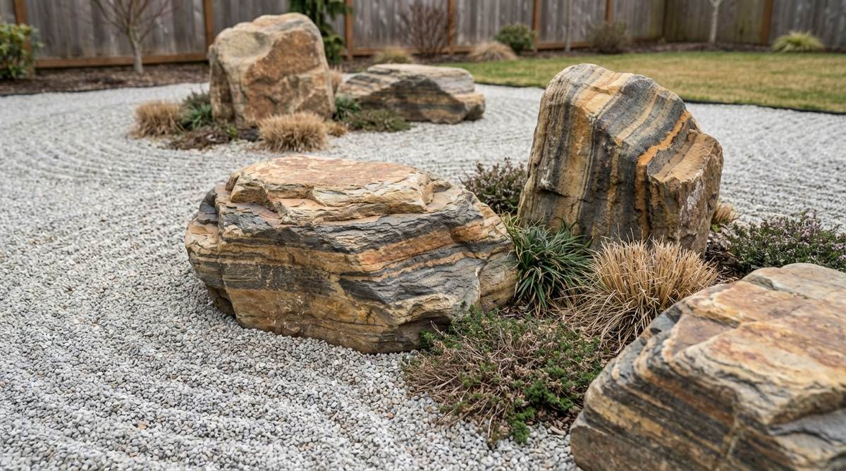 A close-up photograph of sedimentary boulders with distinct horizontal banding and color layers, positioned in a zen garden to emphasize natural stratification patterns. The stones are oriented with layers running horizontally, complementing raked gravel patterns and telling geological stories of ancient environments.