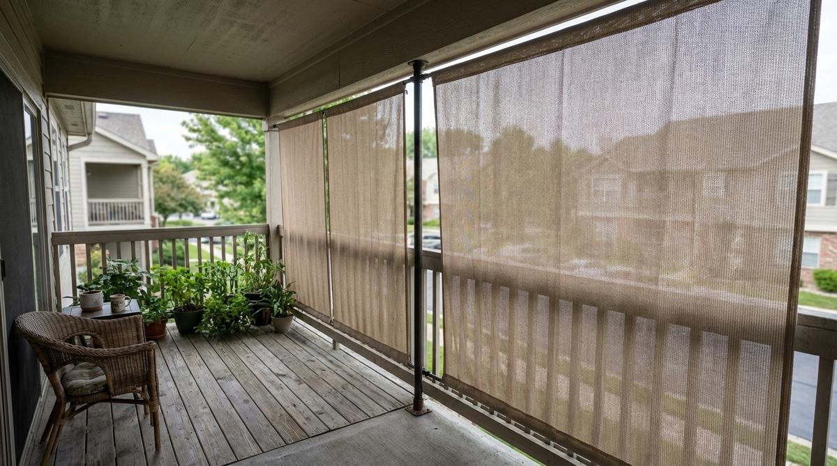 A tension rod wedged between floor and ceiling supports lightweight outdoor fabric panels, creating a reversible privacy screen suitable for rental balconies without surface damage.
